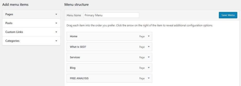 Menu screen in WordPress